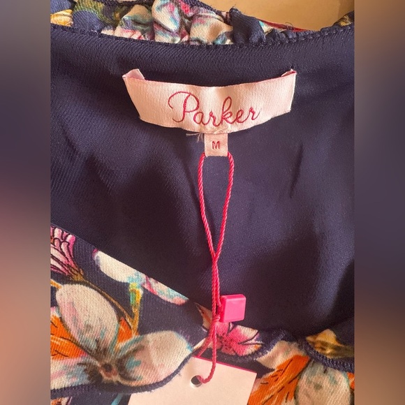 Parker dark blue background with floral print cold-shoulder ruffled sleeves  M - Picture 14 of 16